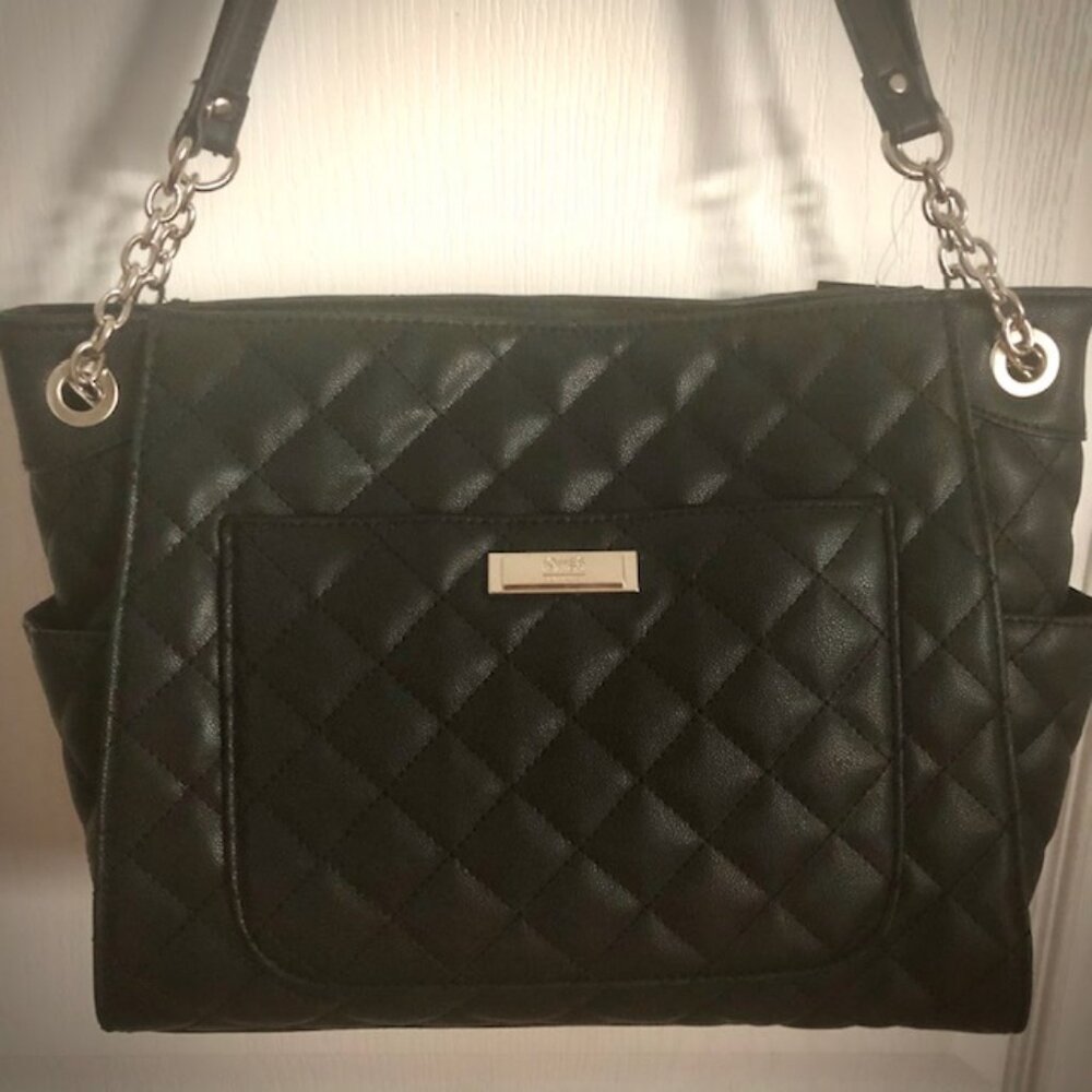 Jones New York Black Quilted Satchel with Chain-Strap Accents